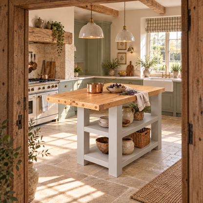 DUNSMERE Light Grey Kitchen Island With Overhang / Breakfast Bar / Rustic Island