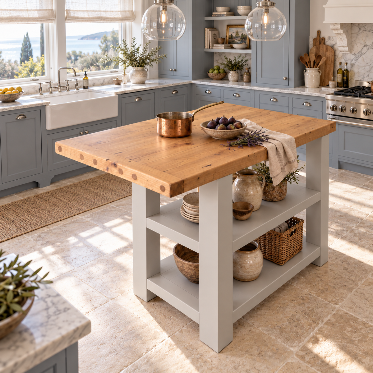 DUNSMERE Light Grey Kitchen Island With Overhang / Breakfast Bar / Rustic Island