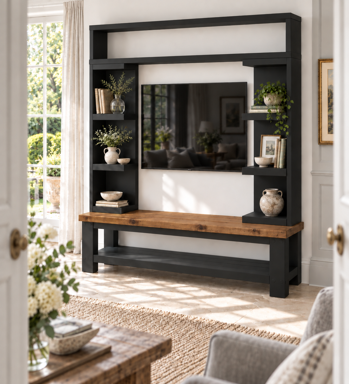 Cavendish Black Media Wall Unit with TV Stand & Shelving Solid Wood