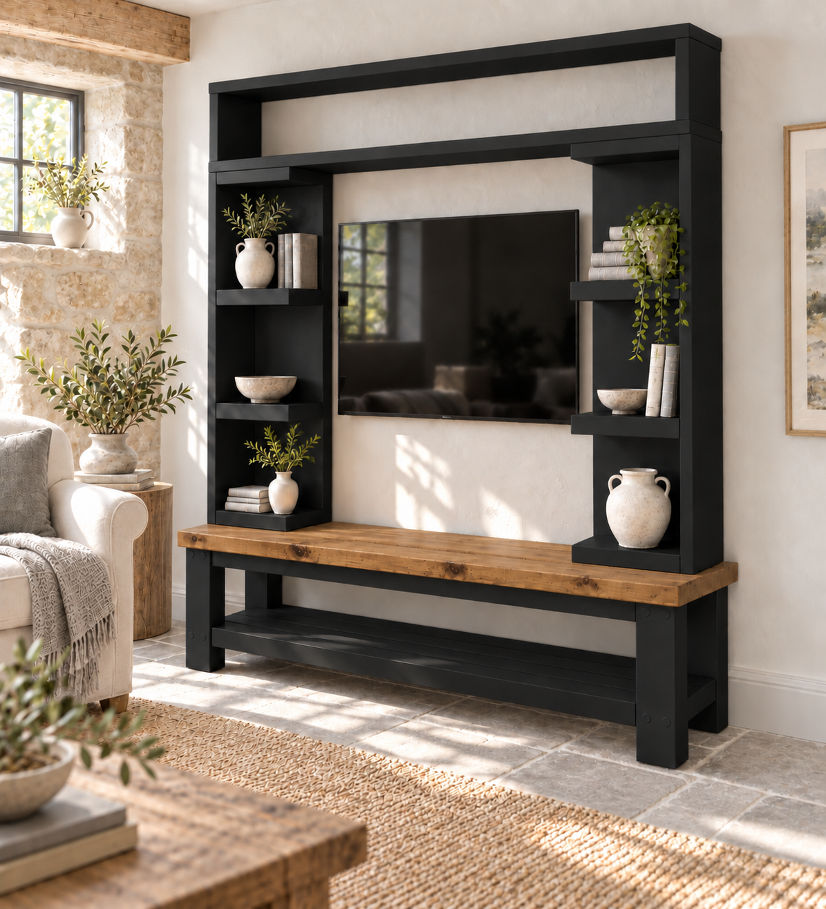 Cavendish Black Media Wall Unit with TV Stand & Shelving Solid Wood
