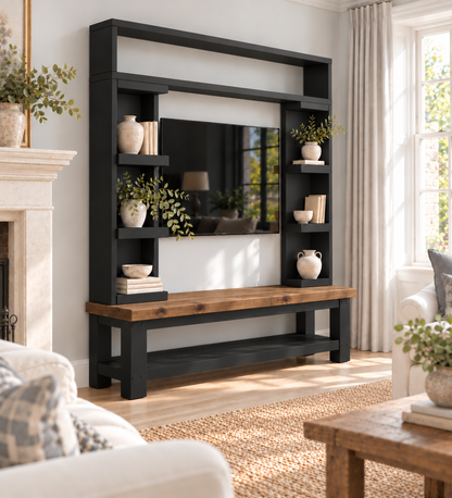 Cavendish Black Media Wall Unit with TV Stand & Shelving Solid Wood
