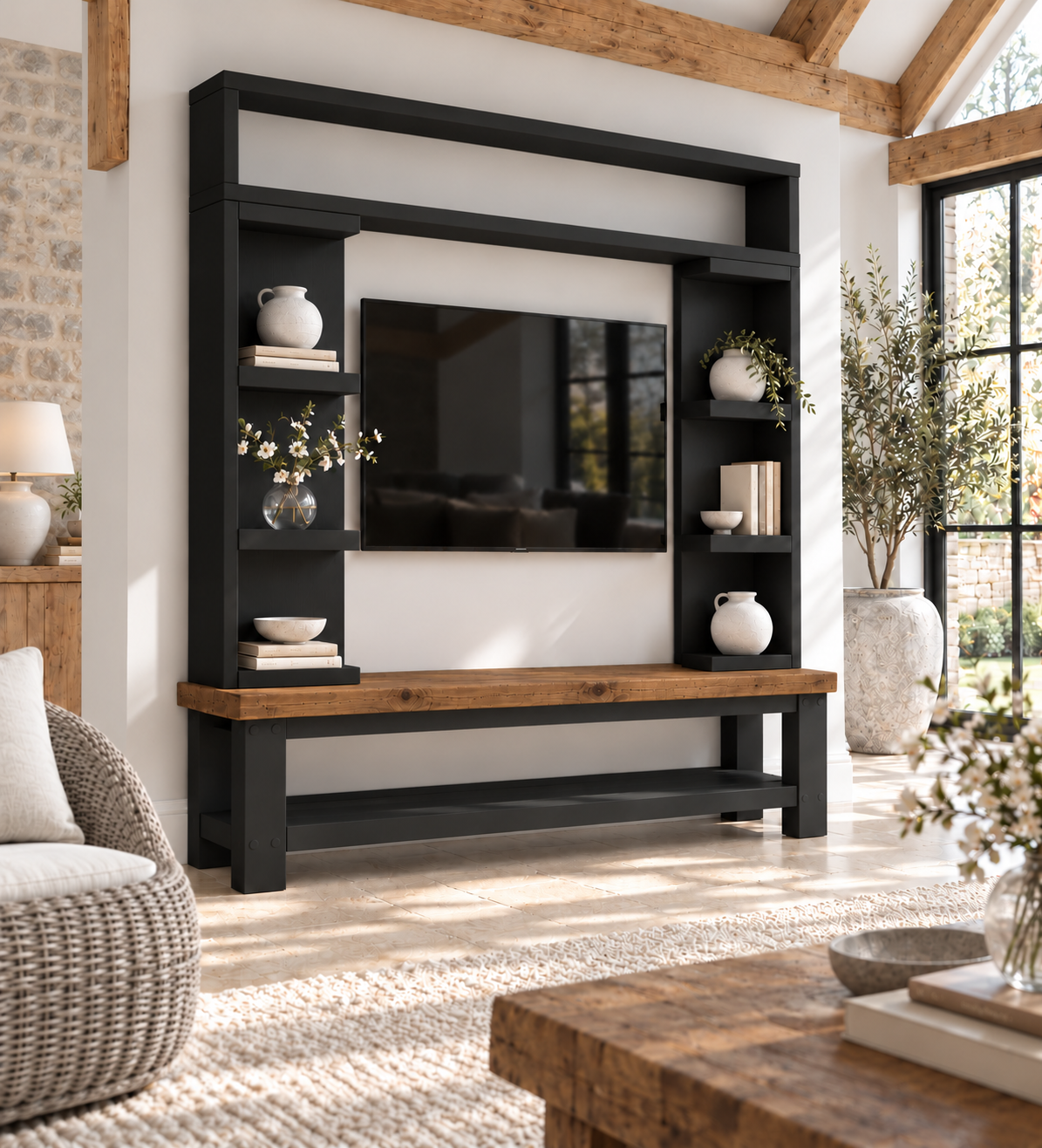 Cavendish Black Media Wall Unit with TV Stand & Shelving Solid Wood