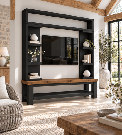 Cavendish Black Media Wall Unit with TV Stand & Shelving Solid Wood
