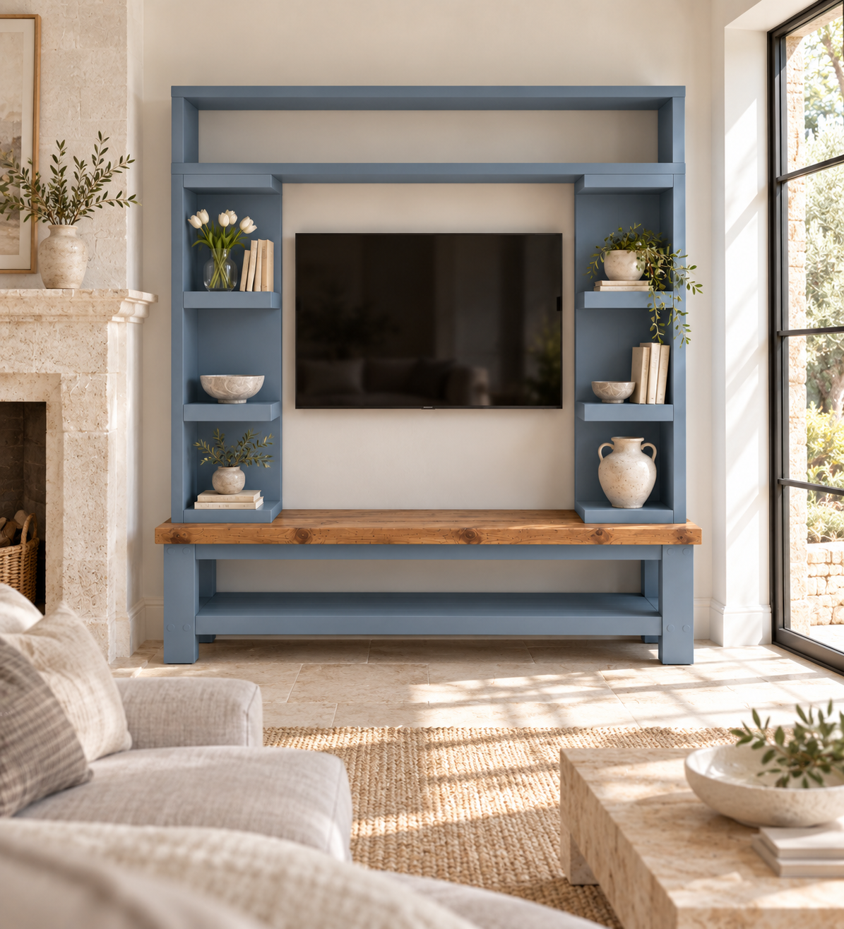 Cavendish Blue Media Wall Unit with TV Stand & Shelving Solid Wood