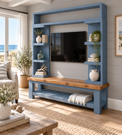 Cavendish Blue Media Wall Unit with TV Stand & Shelving Solid Wood