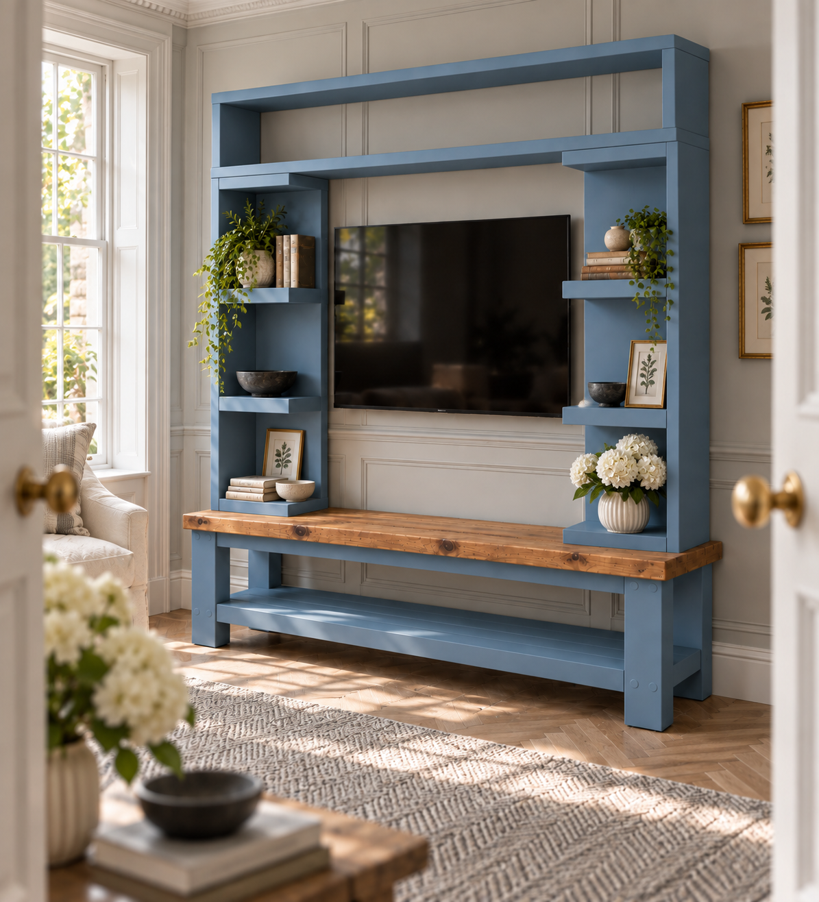Cavendish Blue Media Wall Unit with TV Stand & Shelving Solid Wood
