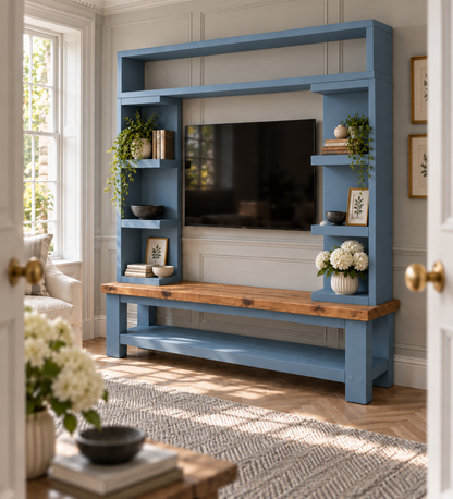Cavendish Blue Media Wall Unit with TV Stand & Shelving Solid Wood