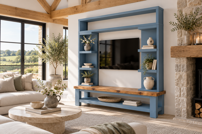 Cavendish Blue Media Wall Unit with TV Stand & Shelving Solid Wood