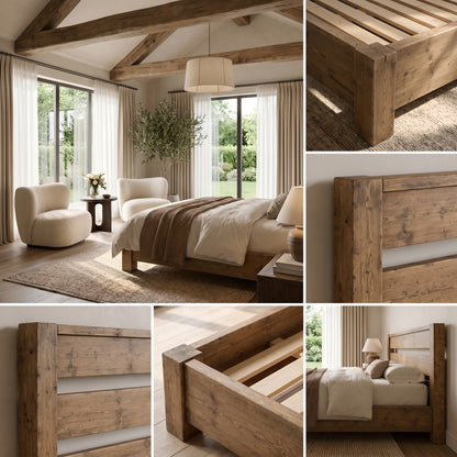 CHELSEA Bed Frame 30cm High  / Chunky Solid Rustic Pine Bed with Headboard