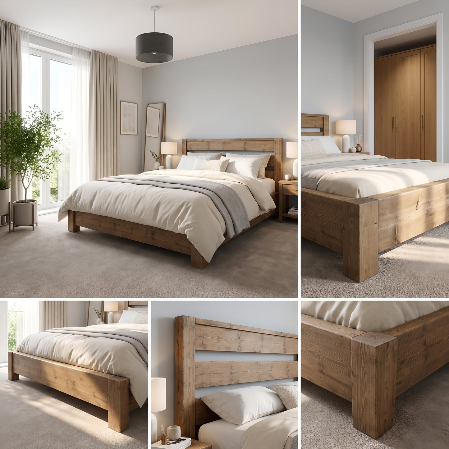 CHELSEA Bed Frame 30cm High  / Chunky Solid Rustic Pine Bed with Headboard