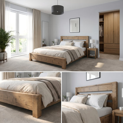 CHELSEA Bed Frame 30cm High  / Chunky Solid Rustic Pine Bed with Headboard