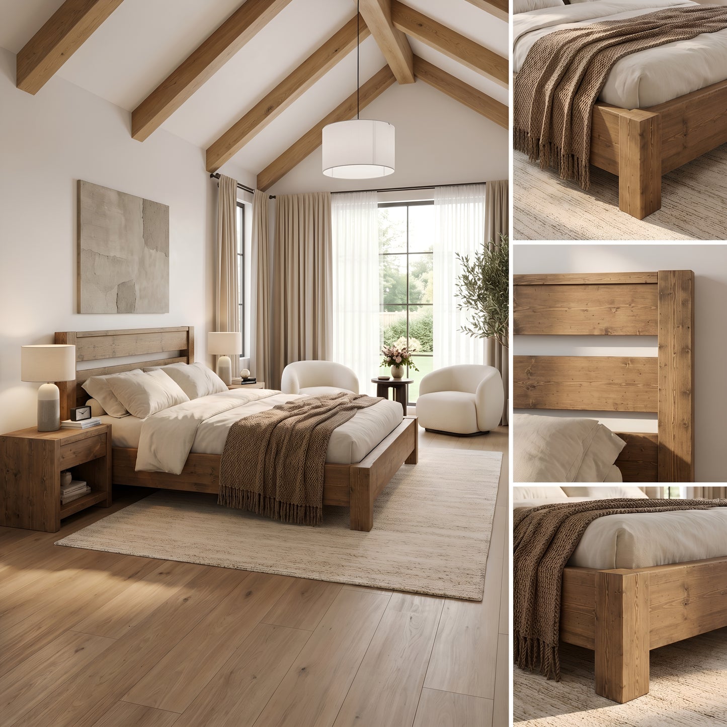 CHELSEA Bed Frame 30cm High  / Chunky Solid Rustic Pine Bed with Headboard