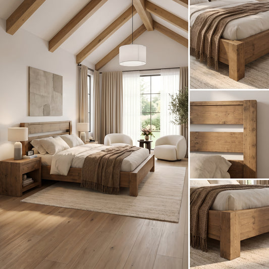 CHELSEA Bed Frame 30cm High  / Chunky Solid Rustic Pine Bed with Headboard