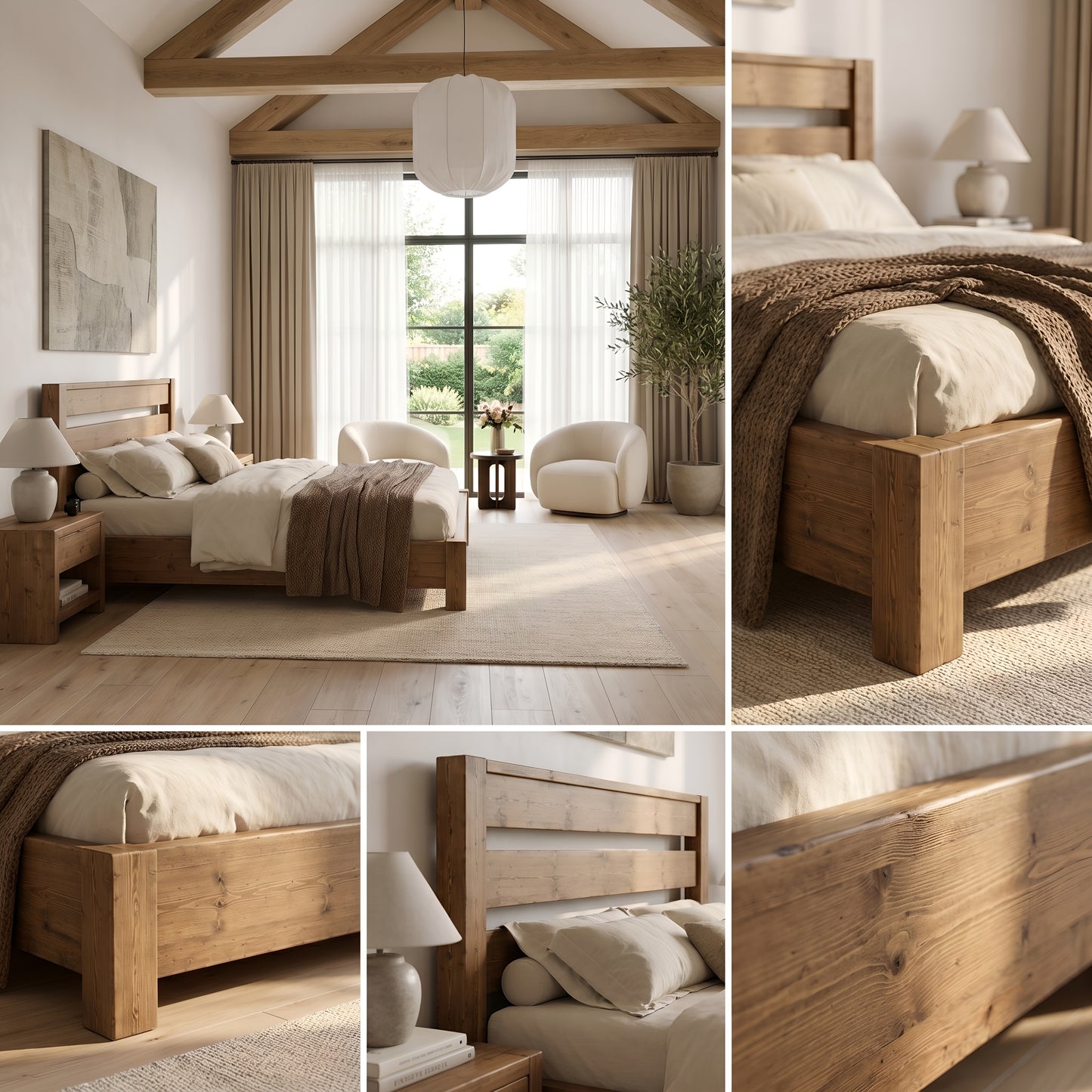 CHELSEA Bed Frame 30cm High  / Chunky Solid Rustic Pine Bed with Headboard