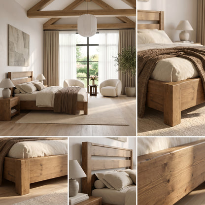 CHELSEA Bed Frame 30cm High  / Chunky Solid Rustic Pine Bed with Headboard