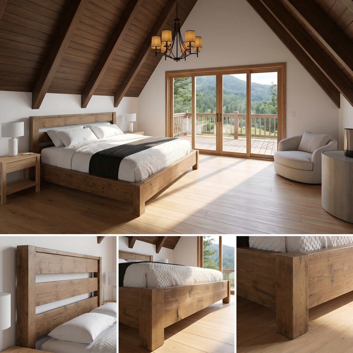 CHELSEA Bed Frame 30cm High  / Chunky Solid Rustic Pine Bed with Headboard