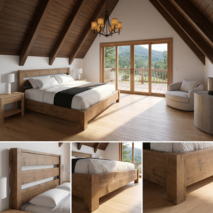 CHELSEA Bed Frame 30cm High  / Chunky Solid Rustic Pine Bed with Headboard