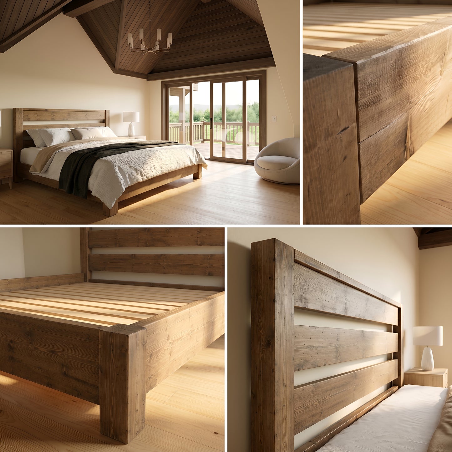 CHELSEA Bed Frame 30cm High  / Chunky Solid Rustic Pine Bed with Headboard