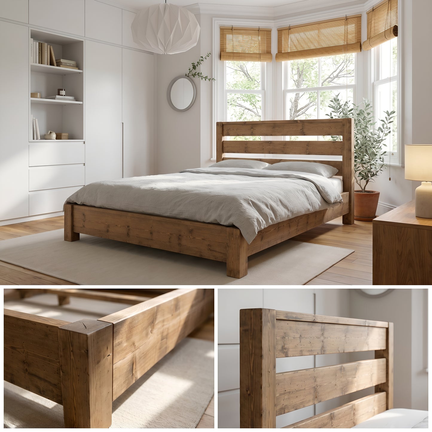 CHELSEA Bed Frame 30cm High  / Chunky Solid Rustic Pine Bed with Headboard