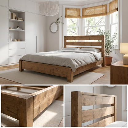 CHELSEA Bed Frame 30cm High  / Chunky Solid Rustic Pine Bed with Headboard
