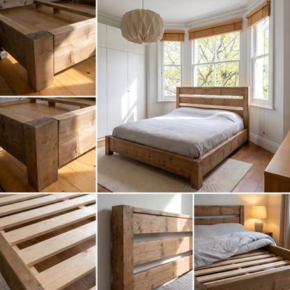 CHELSEA Bed Frame 30cm High  / Chunky Solid Rustic Pine Bed with Headboard