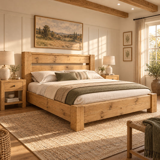 CHELSEA Light Oak Colour Bed Frame 30cm High  / Chunky Solid Rustic Pine Bed with Headboard