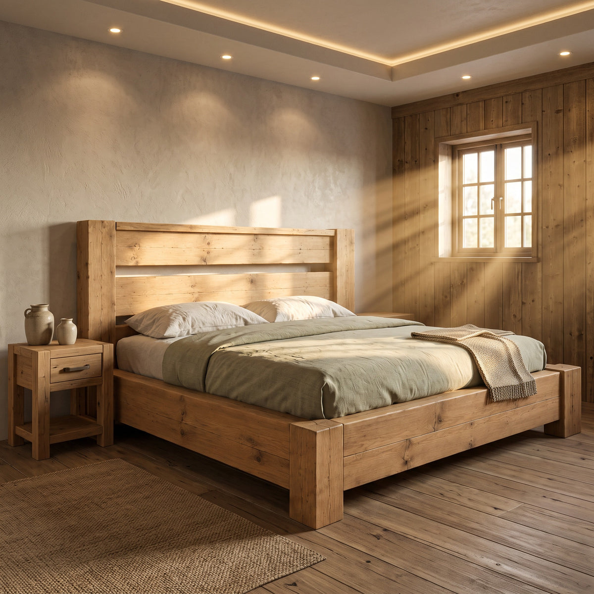 CHELSEA Light Oak Colour Bed Frame 30cm High  / Chunky Solid Rustic Pine Bed with Headboard