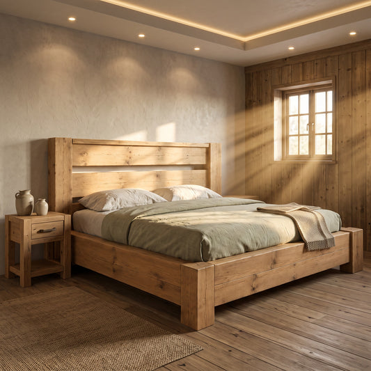 CHELSEA Light Oak Colour Bed Frame 30cm High  / Chunky Solid Rustic Pine Bed with Headboard
