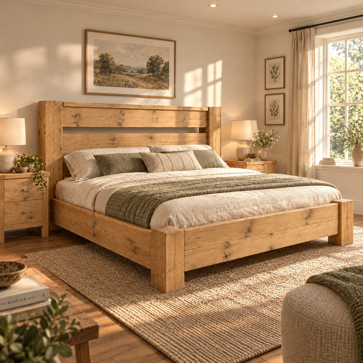 CHELSEA Light Oak Colour Bed Frame 30cm High  / Chunky Solid Rustic Pine Bed with Headboard