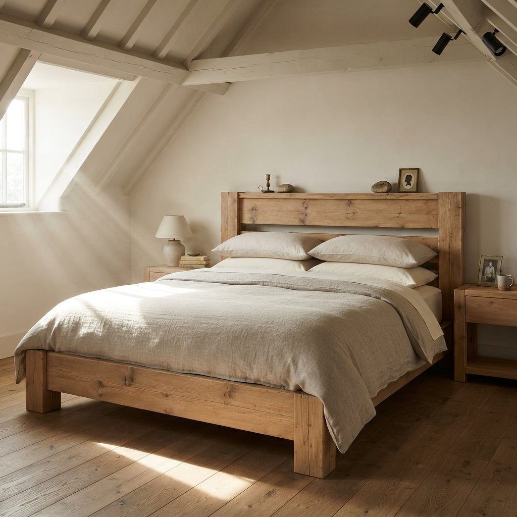 CHELSEA Light Oak Colour Bed Frame 30cm High  / Chunky Solid Rustic Pine Bed with Headboard