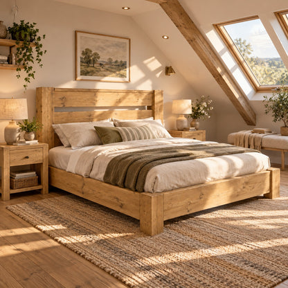 CHELSEA Light Oak Colour Bed Frame 30cm High  / Chunky Solid Rustic Pine Bed with Headboard