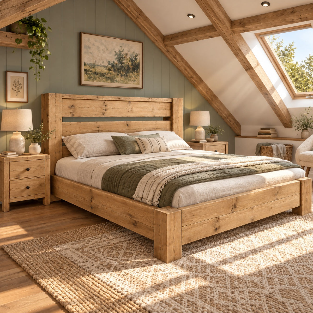 CHELSEA Light Oak Colour Bed Frame 30cm High  / Chunky Solid Rustic Pine Bed with Headboard