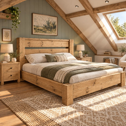 CHELSEA Light Oak Colour Bed Frame 30cm High  / Chunky Solid Rustic Pine Bed with Headboard