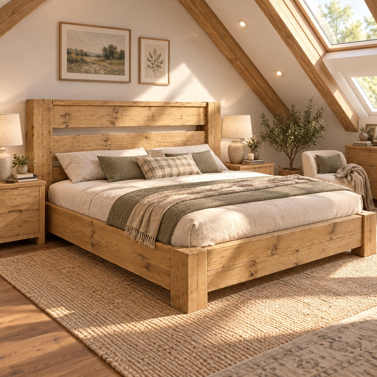 CHELSEA Light Oak Colour Bed Frame 30cm High  / Chunky Solid Rustic Pine Bed with Headboard