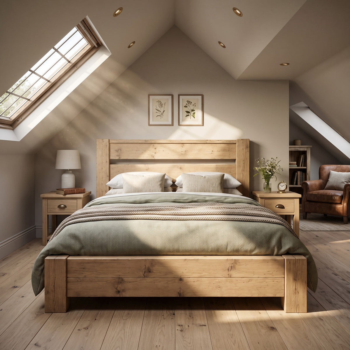 CHELSEA Light Oak Colour Bed Frame 30cm High  / Chunky Solid Rustic Pine Bed with Headboard