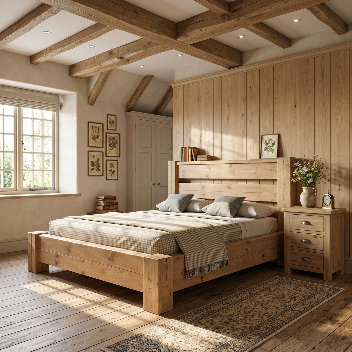 CHELSEA Light Oak Colour Bed Frame 30cm High  / Chunky Solid Rustic Pine Bed with Headboard