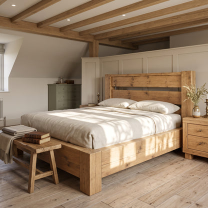 CHELSEA Light Oak Colour Bed Frame 30cm High  / Chunky Solid Rustic Pine Bed with Headboard