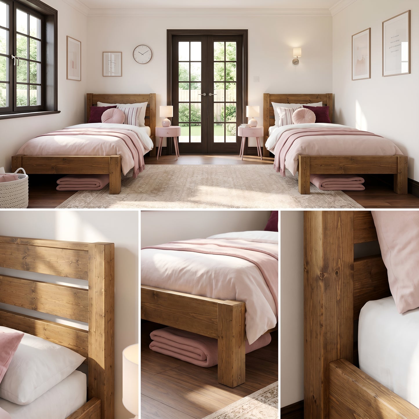 CHELSEA Single Bed Frame 30cm High  / Chunky Solid Rustic Pine Bed with Headboard