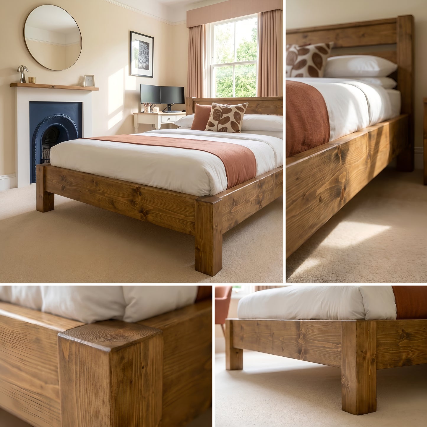 CHELSEA Single Bed Frame 30cm High  / Chunky Solid Rustic Pine Bed with Headboard