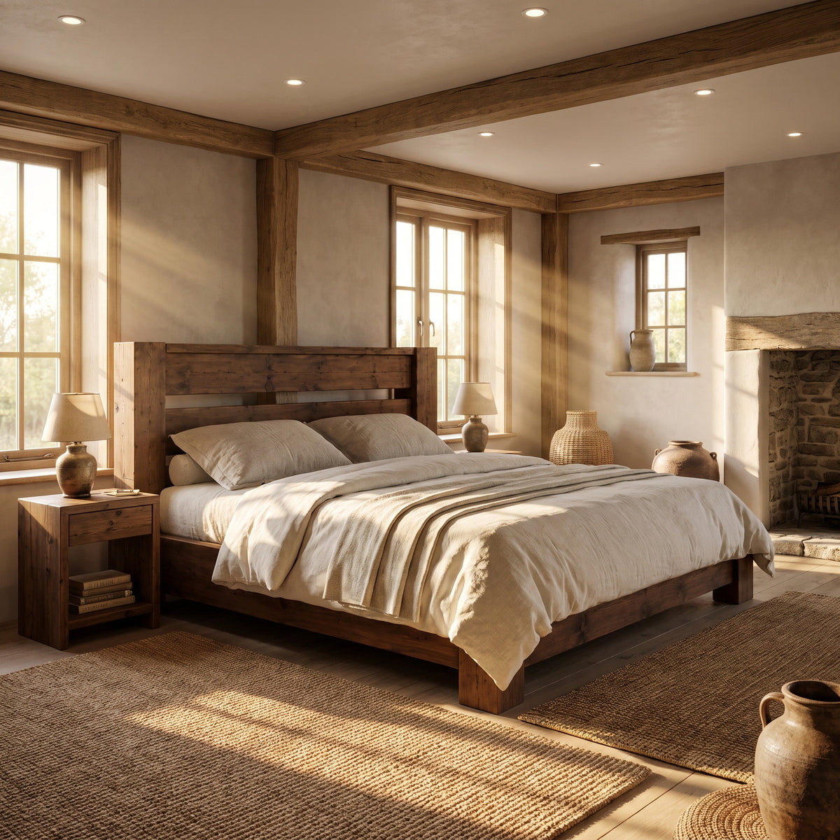 CHELSEA Walnut Colour Bed Frame 30cm High  / Chunky Solid Rustic Pine Bed with Headboard