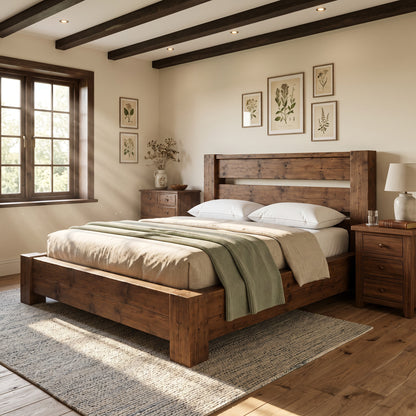 CHELSEA Walnut Colour Bed Frame 30cm High  / Chunky Solid Rustic Pine Bed with Headboard