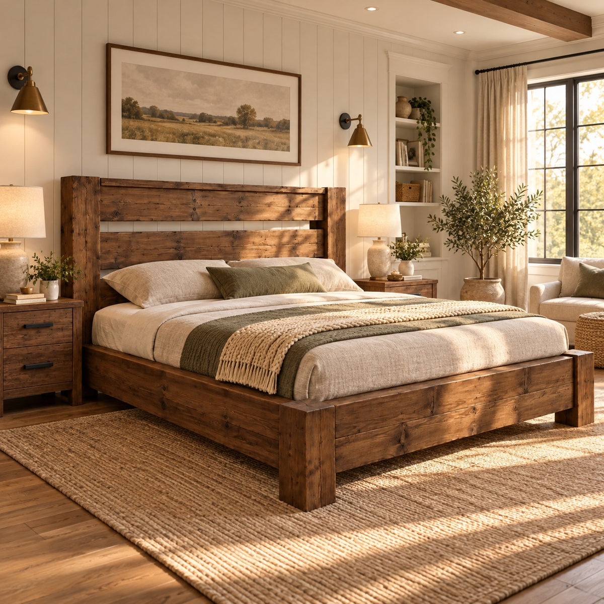 CHELSEA Walnut Colour Bed Frame 30cm High  / Chunky Solid Rustic Pine Bed with Headboard