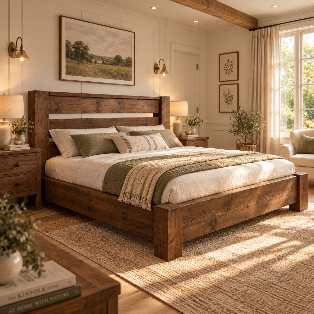 CHELSEA Walnut Colour Bed Frame 30cm High  / Chunky Solid Rustic Pine Bed with Headboard
