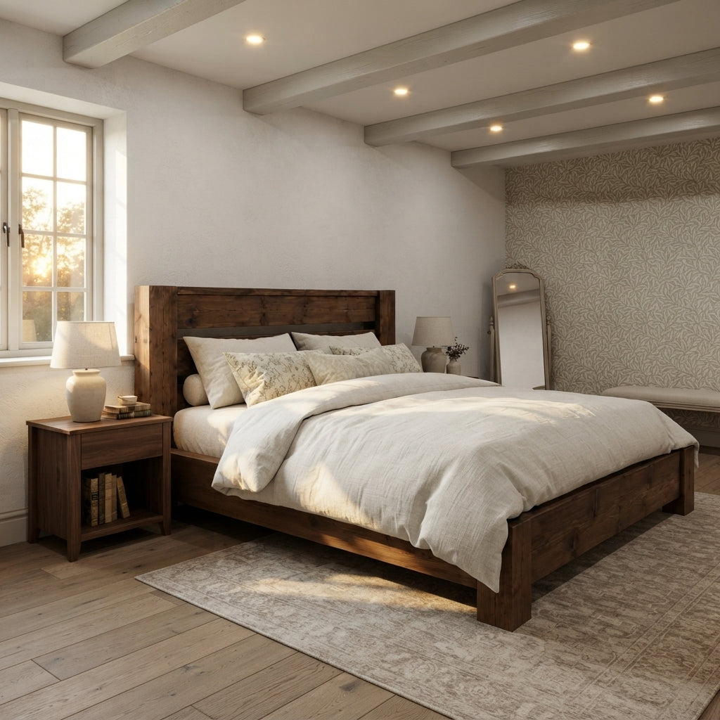 CHELSEA Walnut Colour Bed Frame 30cm High  / Chunky Solid Rustic Pine Bed with Headboard
