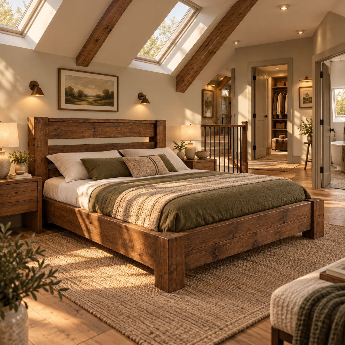 CHELSEA Walnut Colour Bed Frame 30cm High  / Chunky Solid Rustic Pine Bed with Headboard