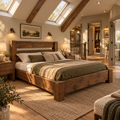 CHELSEA Walnut Colour Bed Frame 30cm High  / Chunky Solid Rustic Pine Bed with Headboard
