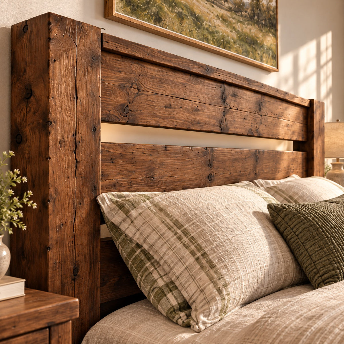 CHELSEA Walnut Colour Bed Frame 30cm High  / Chunky Solid Rustic Pine Bed with Headboard