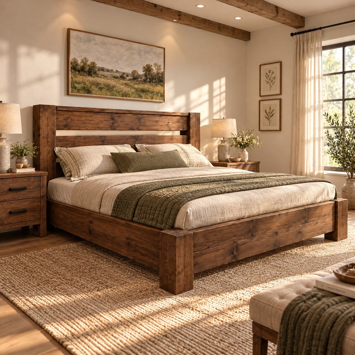 CHELSEA Walnut Colour Bed Frame 30cm High  / Chunky Solid Rustic Pine Bed with Headboard