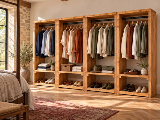 CHESWICK Solid Wood Wardrobe With Bottom Shelf – Open Wardrobe, Rustic Scandinavian Design