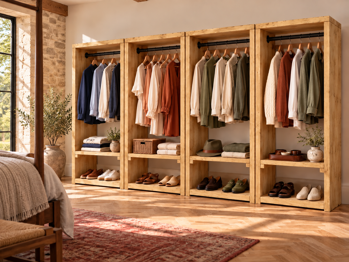 CHESWICK Light Oak Colour Solid Wood Wardrobe With Bottom Shelf – Open Wardrobe, Rustic Scandinavian Design